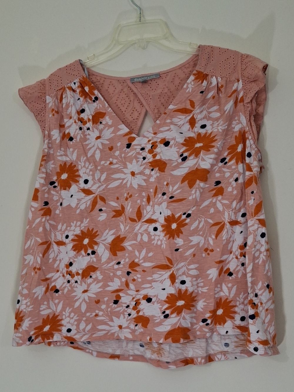 Daniel Rainn Pink Floral Eyelet Cap Sleeve Cami with Orange Blooms, Size 2X